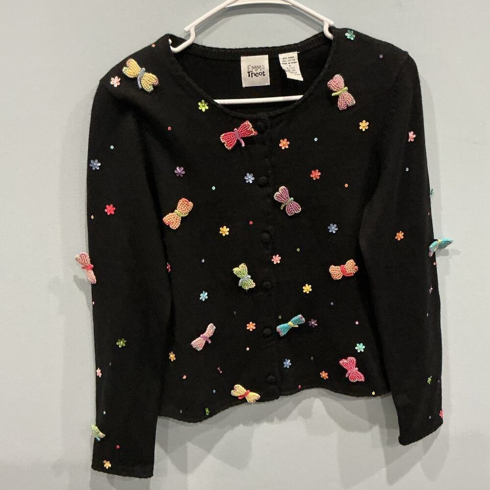 Vintage Emma Tricot Womens Y2K Fairy Sweater Cardigan S‎ Beaded Butterfly Flower